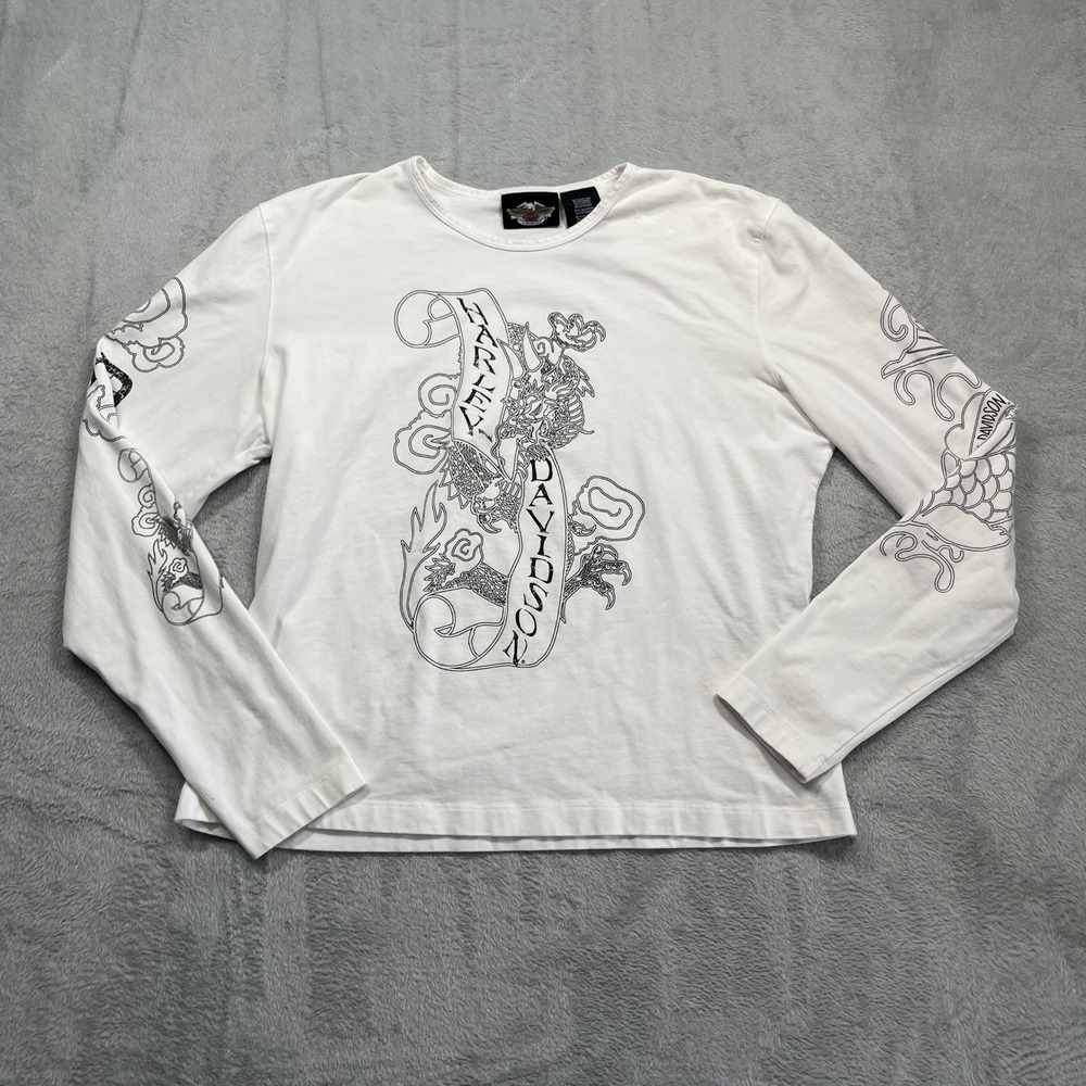 Harley Davidson Long Sleeve Shirt Womens XL White Dragon Graphic Biker Tee USA